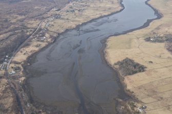 Oblique aerial view of the fish traps and kelp grids at River Snizort, Bernisdale, looking NNW.