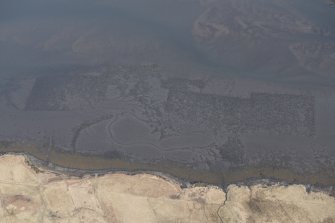 Oblique aerial view of the fish traps and kelp grids at River Snizort, looking ENE.