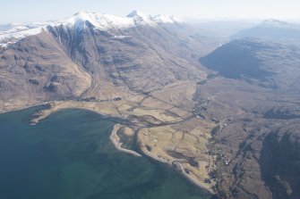 General oblique aerial view of the mouth of the River Torridon with Liathach beyond, looking NE.