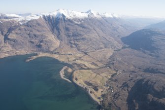 General oblique aerial view of the mouth of the River Torridon with Liathach beyond, looking NE.