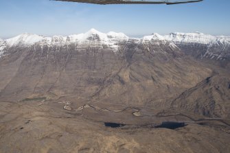 Oblique aerial view of Liathach with the River Torridon in the foreground, looking NNW.