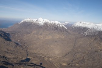 Oblique aerial view of Liathach, the Coire Dubh Mor and Beinn Eighe with the River Torridon in the foreground, looking NW.