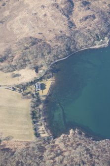 Oblique aerial view of Shieldaig Lodge Hotel and the fish trap, looking WSW.