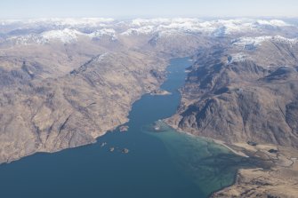 General oblique aerial view of Loch Hourn with the fish traps in Barrisdale Bay in the foreground, looking ENE.