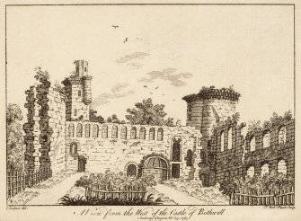 Copy of engraved view of the ruined Borthwick Castle from west.