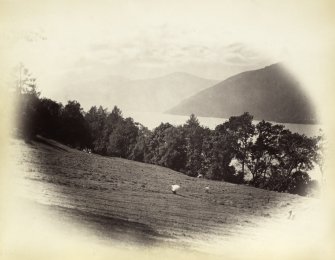 View of croft lands leading down to Lochtay, taken from Kenmore Glebe, Kenmore, Argyll.
Titled:  '180. On Lochtay from Kenmore Glebes'.
PHOTOGRAPH ALBUM NO 186: J B MACKENZIE ALBUM