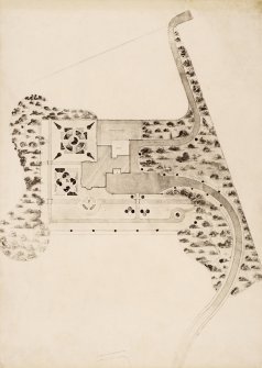 Photographic copy of house and garden plan.
PHOTOGRAPH ALBUM NO.80: THE CAIRNS ALBUM
Album of red morocco.
Insc: (gilt), front cover: 'The Cairns. 1858'.
Insc: (ink), front end paper: 'To Mrs John P.Kidston with Mr. Burnet's Comp.ts. Sept. 1875'
Some leaves stamped 'T. Annan Phot. Glasgow'
Bought at Christies, 27th October, 1983'
Presentation album of professional photographs by T. Annan, Glasgow, of the interior and exterior of Cairns house near Cambuslang, Glasgow. Photographic reproductions of architect's drawings of the house and also of his plans and elevations of the house and associated buildings. 
Album seems to have been altered at some stage, p.10 has been removed and reinserted.
End paper front v. View of the lodge, Cairns House. View of Nyn Park House.
Included is a brief note recording that Andrew Clark, Managing Director of Clyde Paper purchased the house in 1913 from the Duke of Hamilton. [After the War the house lay empty, was vandalised and destroyed by fire, and a housing scheme was built on the site.]