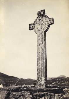 View of face of carved stone medieval 'memorial' cross, known as 'MacMillan's Cross', at Kilmory Chapel, or St Maelrubha's Chapel, Kilmory, South Knapdale.
Titled: '120. Mc Millan's Cross. Kilmory.'
PHOTOGRAPH ALBUM NO 186: J B MACKENZIE ALBUMS vol.1