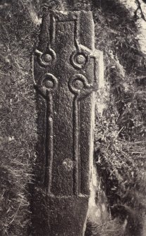 View of face of cross slab, from Loch Awe Church, also known as Inishail Old Parish Church or St Findoca's Chapel, at Inishail, Argyll and Bute.
Titled: '128. At Innisshael. Lochawe,'
PHOTOGRAPH ALBUM NO 186: J B MACKENZIE ALBUMS vol.1