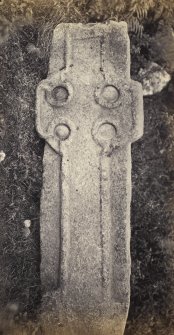 View of face of cross slab, from Loch Awe Church, also known as Inishail Old Parish Church or St Findoca's Chapel, at Inishail, Argyll and Bute.
Titled: '129. Same cross at Innisshael,'
PHOTOGRAPH ALBUM NO 186: J B MACKENZIE ALBUMS vol.1