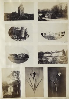 View of nine small photographs variously identified.
The top two images are both unidentified and are an image of a ruined building, left, and a small cottage or farm, right.

The upper-central two images are both identified. The left image is of the ruins of Castle Sween and the surrounding cliff face in North Knapdale. The right image is of the back and gardens of Poltalloch country house, Kilmartin.

The lower-central two images and variously identified. The left image is again a wider view of the ruins of Castle Sween and landscape surroundings in North Knapdale. The right image is an unidentified building, possible a lodge.

The lower three images are unidentified. The left image is of the side of a cottage and the central and right image are portraits of flowers.

PHOTOGRAPH ALBUM No. 187, (cf PAs 186 and 188) Rev. J.B. MacKenzie of Colonsay Albums,1870, vol.2.
