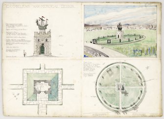 Campbeltown War Memorial.
Competition entry.
Plan.  Esplanade.  Front elevation.  Perspective.