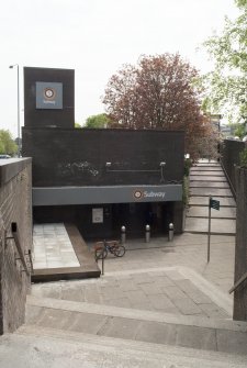 View from north west, looking down the steps to the low-level entrance of St Georges Cross subway station