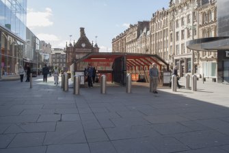 View from north of the glass canopied northern entrance to St Enoch's subway station