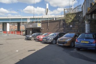 View from south west looking to the entrance of West Street subway station