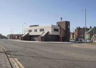 View of Govan Cross Subway Station, 771-5 Govan Road, Glasgow, from south-east, looking across Golspie Street.