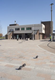 View from north-west, looking across the entrance plaza to Govan Cross Subway Station, 771-5 Govan Road, Glasgow.