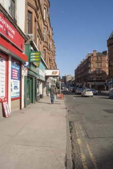 View from west looking along Dumbarton Road to the projecting entrance canopy of Kelvinhall subway station