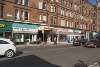 View from south west looking across Dumbarton Road to the street-front entrance of Kelvinhall subway station