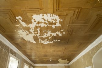 Interior. 1st floor, gallery, oblique view of ceiling from west