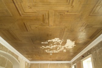 Interior. 1st floor, gallery, oblique view of ceiling from east end