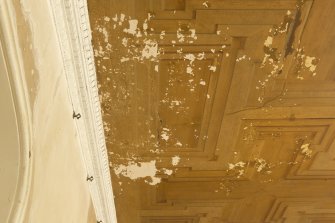 Interior. 1st floor, gallery, view showing damaged area of ceiling above recess