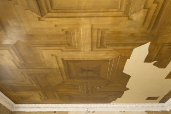Interior. 1st floor, gallery, oblique view of ceiling at east end of gallery