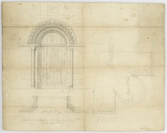 Design for doorway for new porch on South side, elevation and plan and section of jamb of door for Coldingham Priory.

