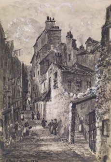 View from bottom of Blackfriars Wynd before it became Blackfriars Street, with people in period dress, Edinburgh.
Titled: 'Blackfriars Wynd.'
