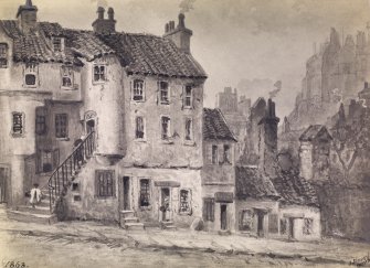 View of South West side of Candlemaker Row with Greyfriars and Castle in the background, Edinburgh.
Titled: 'Candlemaker Row-Greyfriars and Castle.'
