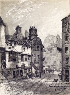View of Candlemaker Row looking North West, Edinburgh.
Titled: "Porteous Mob Corner. Candlemaker Row looking towards the Grassmarket with Lord Brougham's birthplace on the right"