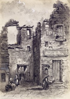 View of the Guard house of Cromwell's at Dunbar's Close in state of disrepair, Edinburgh.
Titled: "Guard House of Cromwell's Ironsides-Dunbar Close"