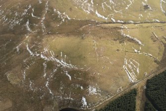 Oblique aerial view of the enclosures, field boundaries and rig, looking S.