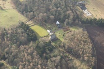 Oblique aerial view of Cleish Castle and gardens, looking W.