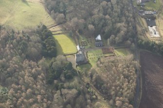 Oblique aerial view of Cleish Castle and gardens, looking WSW.