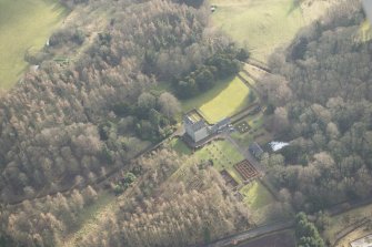 Oblique aerial view of Cleish Castle and gardens, looking S.