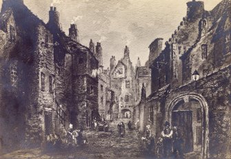 View of Bakehouse Close and Huntly House in Canongate, with people in period dress in doorways, Edinburgh.
Titled: "Bakehouse Close, Marquis of Huntly's House"