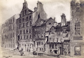 View of block in Canongate including Morocco Land, Edinburgh, showing houses and shops including Black's Dairy and a tea and wine shop
