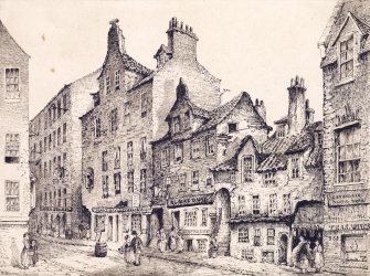 View of block in Canongate including Morocco Land with people in the street, Edinburgh.
Titled: "Morocco Land in the Canongate"

