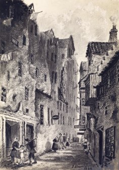 View into Fountain Close on the High Street, with people in the centre, Edinburgh.
Titled: "Fountain Close. High street. Where the Bassendine Bible was printed -first house right hand side"