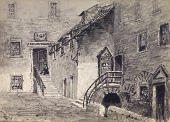 View of close containing Mint of Scotland, of Cowgate, Edinburgh.
Titled: "Old Mint Court & Duke of Argyle's house, Cowgate"