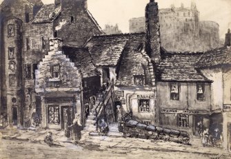 View of houses in West Port looking towards Castle, Edinburgh.
Titled: "Old Houses. West Port. Burke and Hare vicinity"