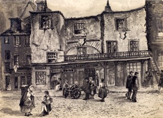 View of West Port frontage of Crombie's Land, with people in street, Edinburgh.
Titled: 'Crombie's Land Exterior. West Port.'
