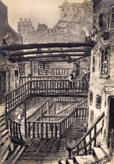 View of rear of Crombie's Land in the West Port, looking towards Castle, Edinburgh.
Titled: "Interior of Crombie's Land. West Port"