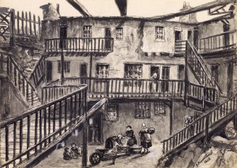 View of courtyard for Crombie's Land in the West Port, with women doing washing, and a wheelbarrow, Edinburgh.
Titled:  "Courtyard entrance to Crombie's Land"