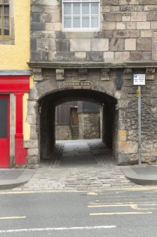 Detail of entrance to Bakehouse Close at Huntly House Museum, 142-146 Canongate, Edinburgh.