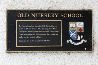 Detail of plaque on front elevation of former Montessori Nursery building, Moray House College of Education, St John's Street, Edinburgh.