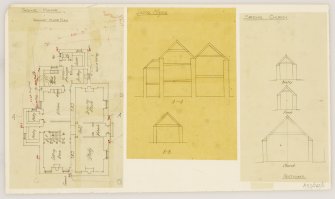 Sections through Skene Parish Church, porch and vestry, and ground floor plan and sections through Skene Manse.
