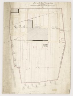 Plan of churchyard, Skene Parish Church.
Titled: 'Plan of the Church-Yard of Skene showing The proposed drainage and arrangement of Burying-Ground 1877'.