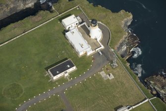 Oblique aerial view of Noss Head Lighthouse, looking N.